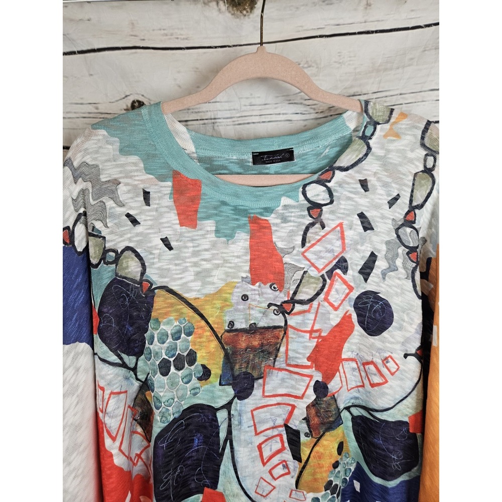 Inoah Abstract Art To Wear Print Tunic Top L Slubbed Knit 3/4 Sleeves Colorful - Picture 2 of 8